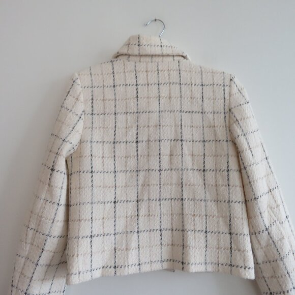 MANGO MNG Cropped Tweed Blazer in Cream Plaid Preppy Old Money Academia Size XS - Picture 10 of 13